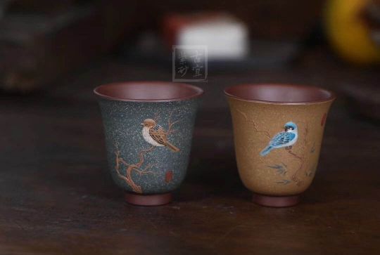 《琴瑟對杯》宜興紫砂壺作品全手工紫泥  《琴瑟對杯》宜興紫砂壺作品全手工紫泥